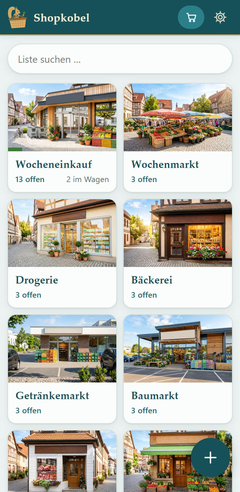 Übersicht: acht Listen mit Bildern ihrer Läden – Wocheneinkauf, Wochenmarkt, Drogerie, Bäckerei, Getränkemarkt, Baumarkt