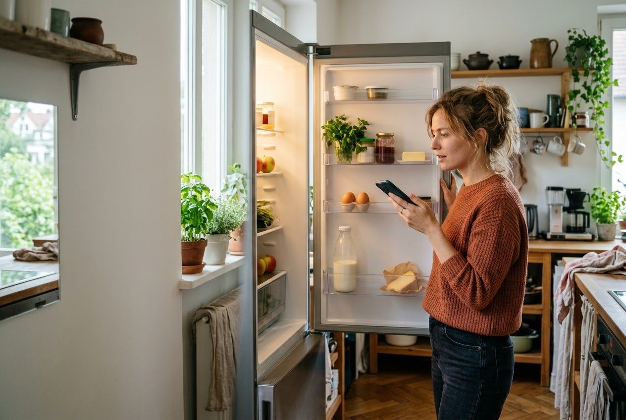 Eine Frau steht vor dem offenen Kühlschrank und sagt in ihr Smartphone, was fehlt