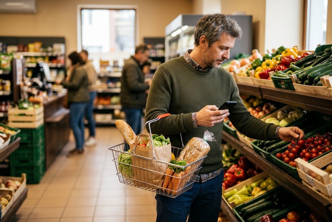 Ein Mann im Laden mit Einkaufskorb schaut auf sein Smartphone und greift nach Tomaten